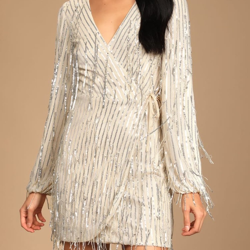 Lulu's Puttin' on the Glitz Silver Sequin Fringe Long Sleeve Wrap Dress.